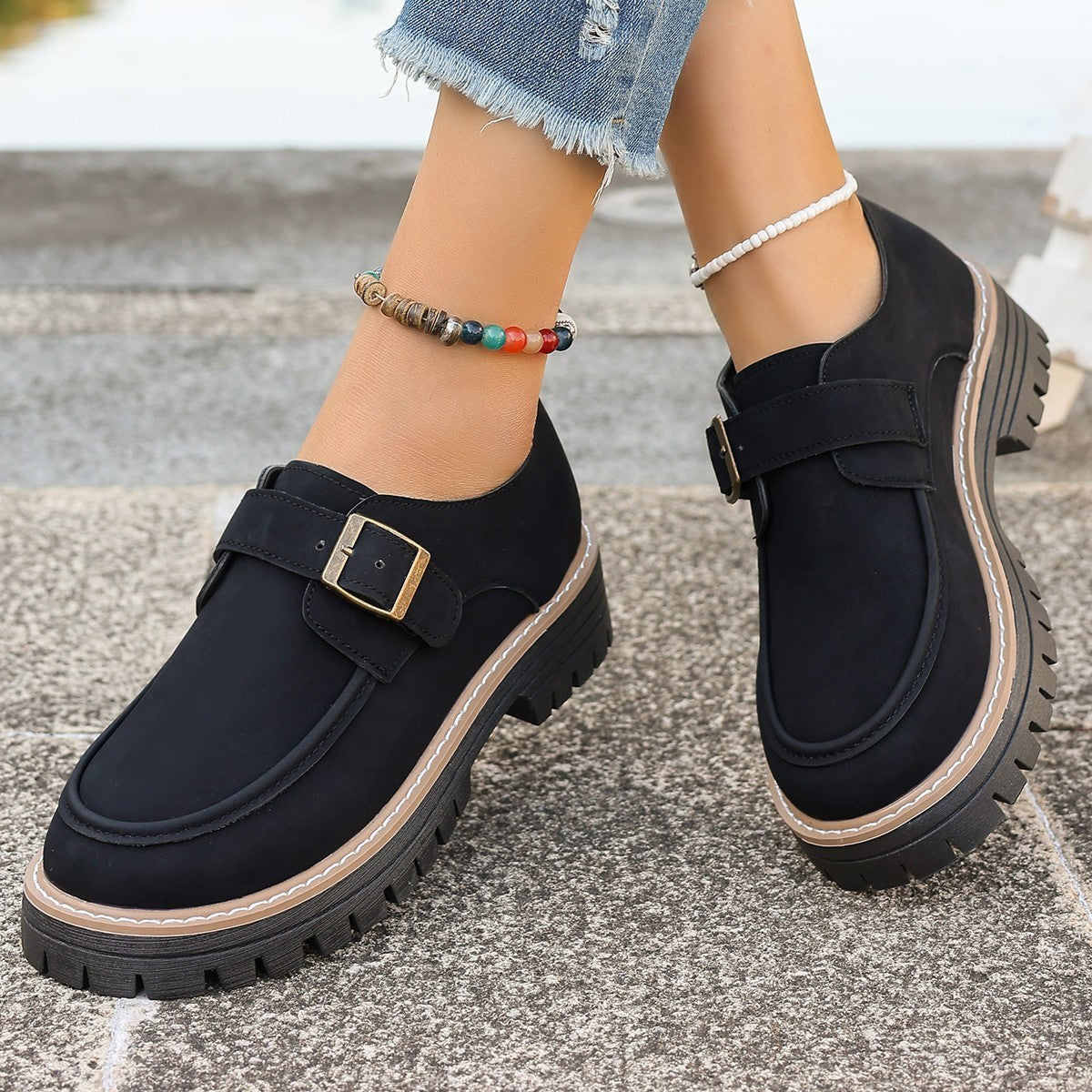 Fashion Buckle Loafers For Women British Style Height-increasing Thick-soled Casual Shoes - DOGNORGAL