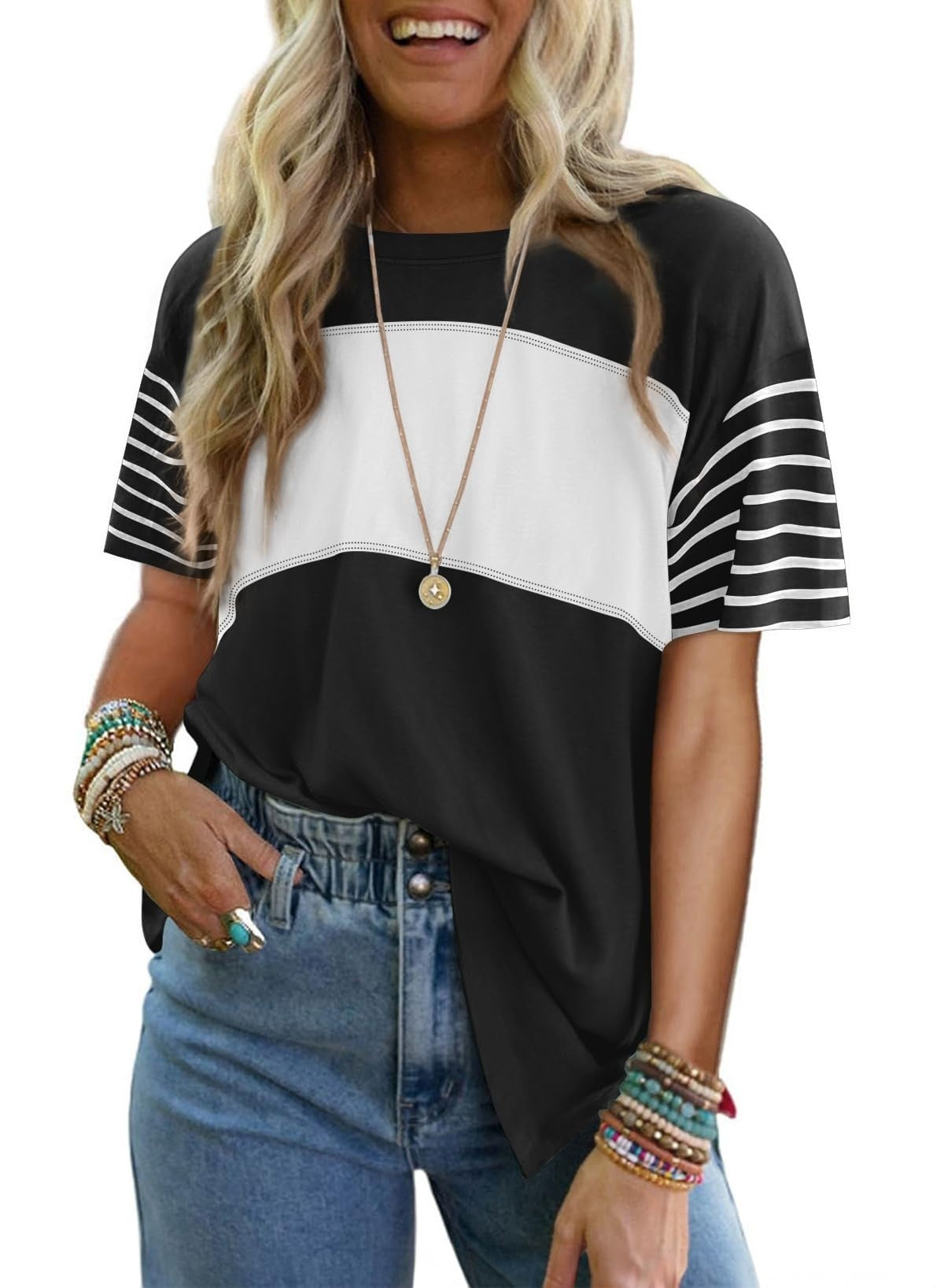 Pullover Crew Neck Casual Striped Contrast Color Short Sleeve T-shirt