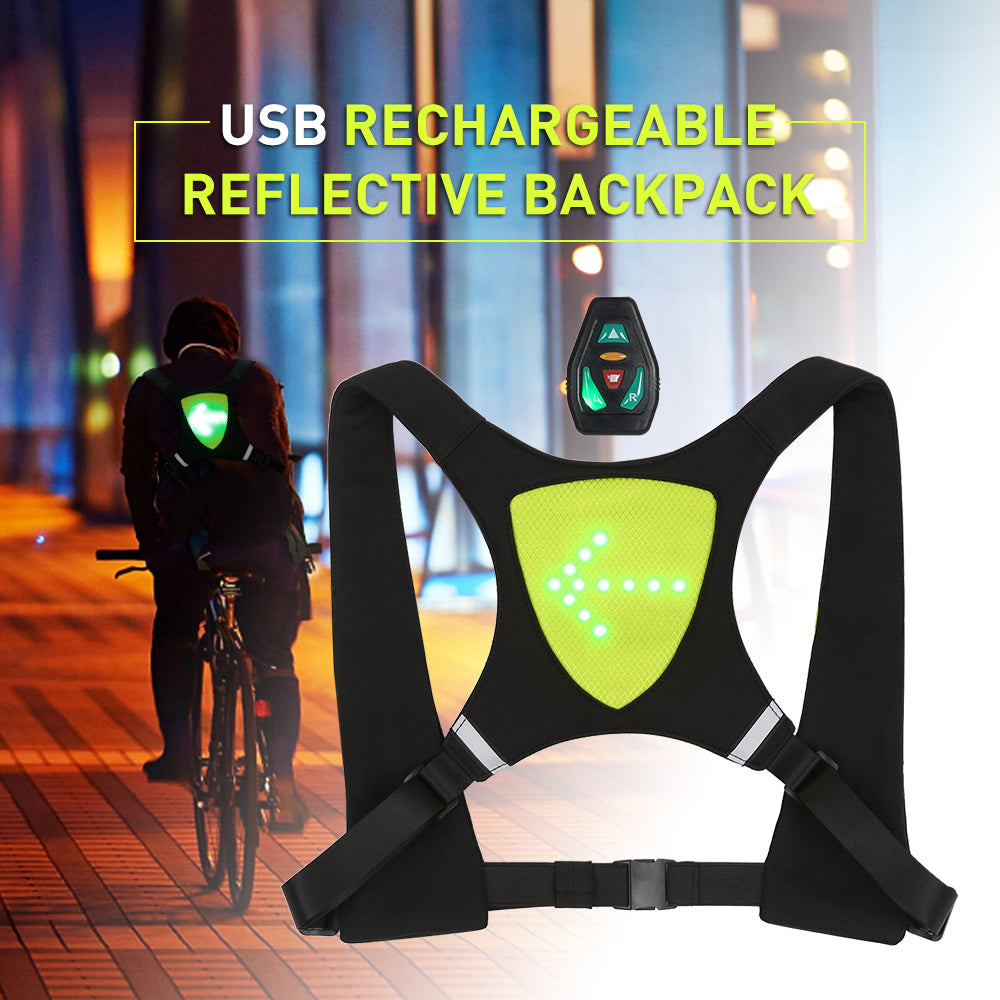 USB Rechargeable Reflective Vest Backpack with LED Turn Signal Light Remote Control Outdoor Sport Safety Bag Gear for Cycling - DOGNORGAL