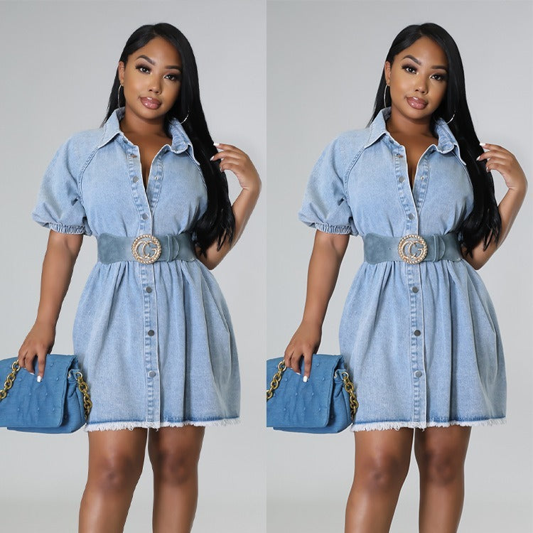 Women's Casual Cardigan Lapel Shirt Denim Dress - DOGNORGAL