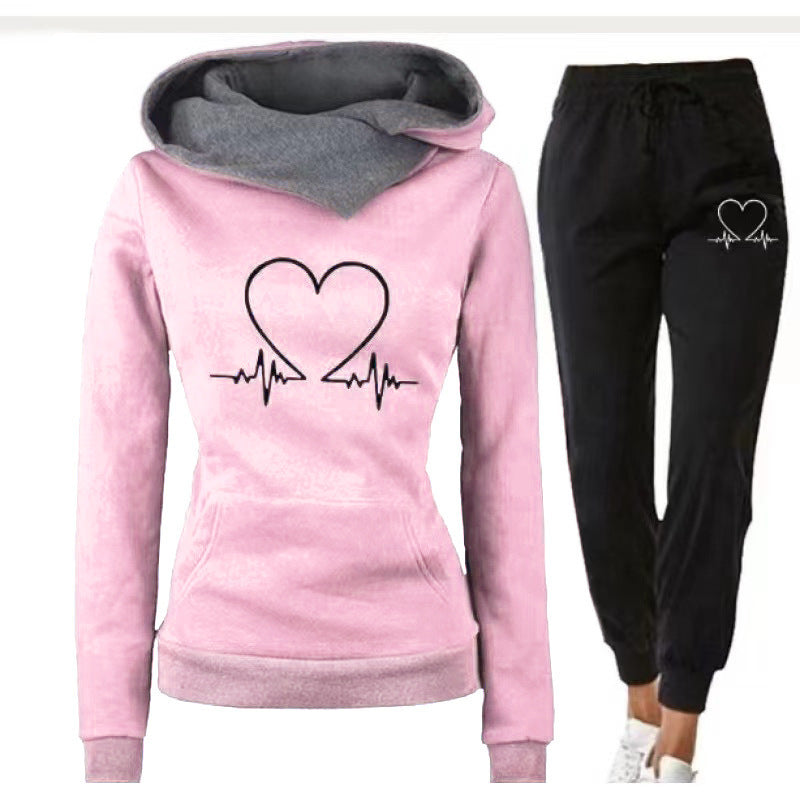 Love Heart Printed Sports Suit Hooded Sweatshirt Top And Drawstring Pants Fashion Casual Clothing For Women - DOGNORGAL