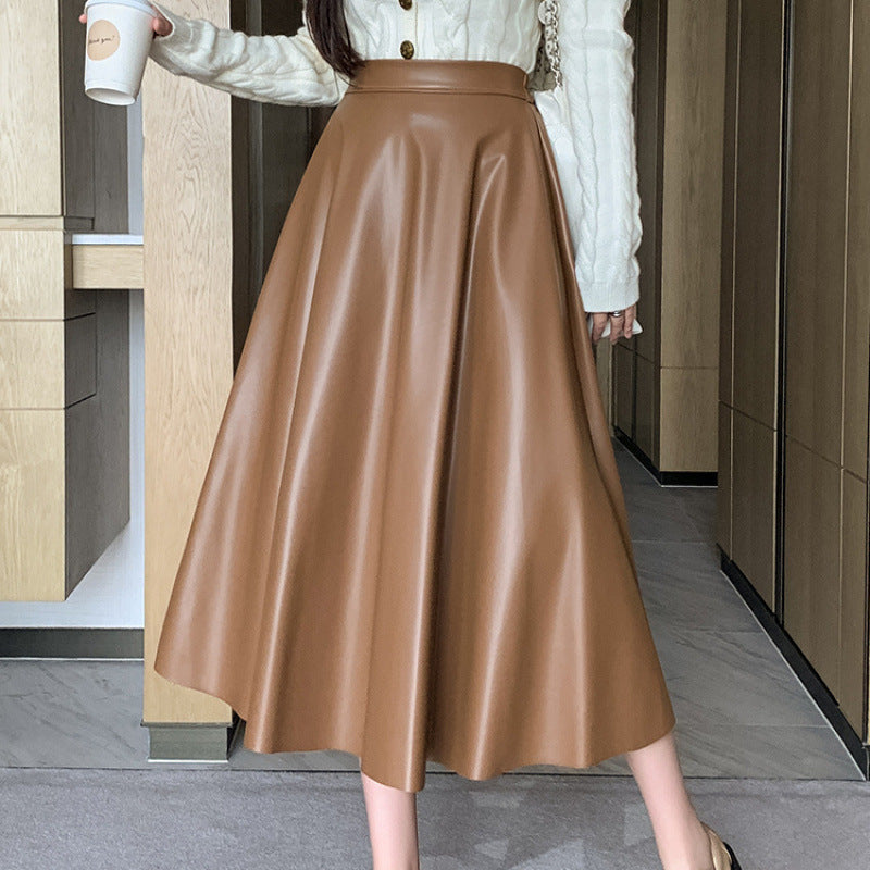 Leather Medium Length Simple A- Line Umbrella Skirt - DOGNORGAL