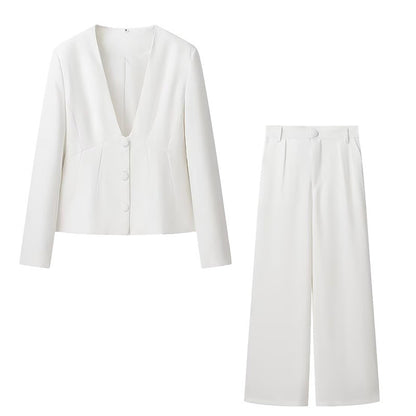 V-neck Suit Coat Straight Wide Leg Pants Two-piece Set - DOGNORGAL