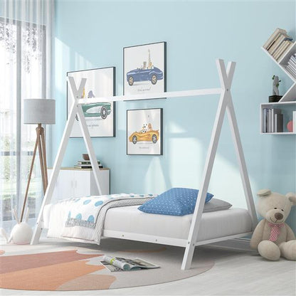 House Bed Tent Bed Frame Double Size Metal Floor Play House Bed With Slats For Kids Boys Girls Without Spring Mattress White - DOGNORGAL