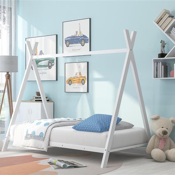 House Bed Tent Bed Frame Double Size Metal Floor Play House Bed With Slats For Kids Boys Girls Without Spring Mattress White - DOGNORGAL