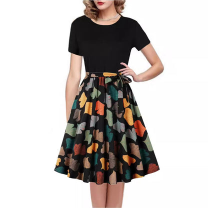 Round Neck Vintage Print Short Sleeves Dress - DOGNORGAL