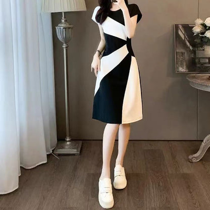 Temperament Waist-controlled Slimming Black And White Stitching Casual Dress - DOGNORGAL