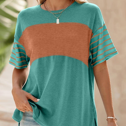 Pullover Crew Neck Casual Striped Contrast Color Short Sleeve T-shirt