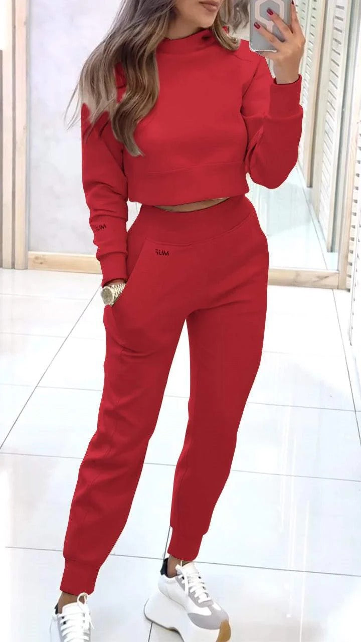 Stand Collar Sports Suit Fashion Pullover Long-sleeves Short Top And Slim Trousers With Pockets Solid Outfits Women's Clothing - DOGNORGAL