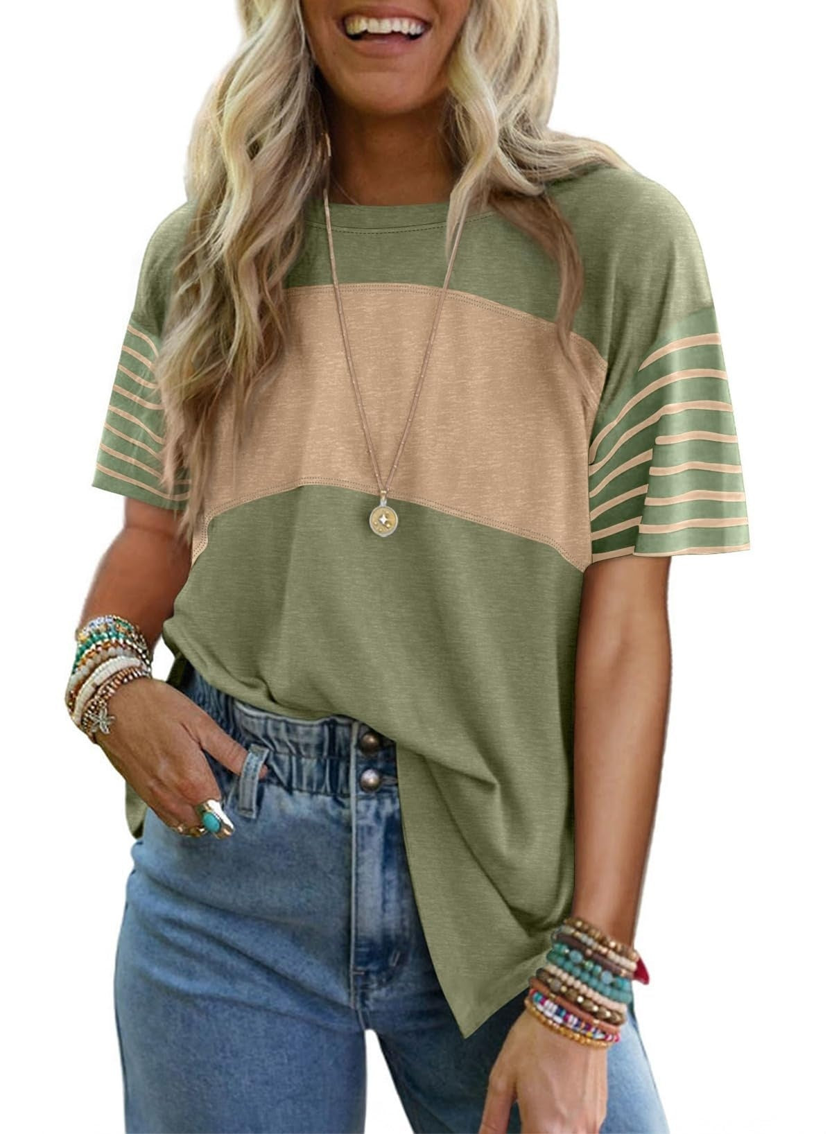 Pullover Crew Neck Casual Striped Contrast Color Short Sleeve T-shirt