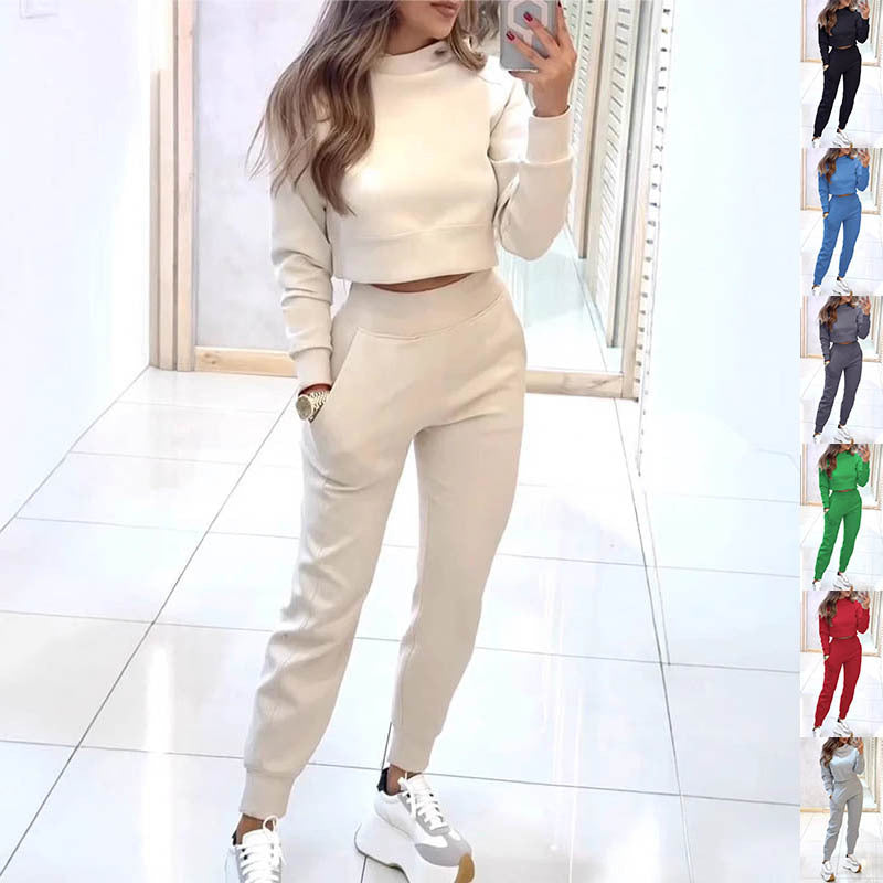 Stand Collar Sports Suit Fashion Pullover Long-sleeves Short Top And Slim Trousers With Pockets Solid Outfits Women's Clothing - DOGNORGAL