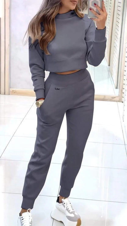 Stand Collar Sports Suit Fashion Pullover Long-sleeves Short Top And Slim Trousers With Pockets Solid Outfits Women's Clothing - DOGNORGAL