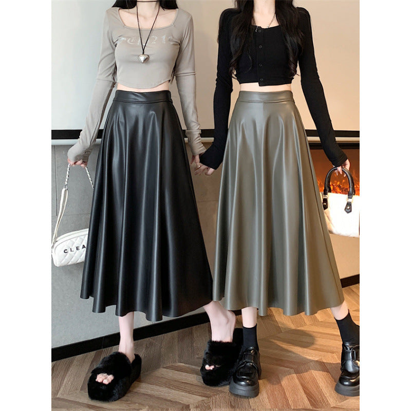 Leather Medium Length Simple A- Line Umbrella Skirt - DOGNORGAL