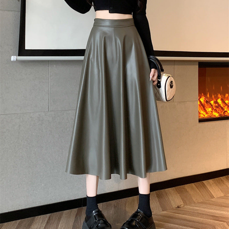 Leather Medium Length Simple A- Line Umbrella Skirt - DOGNORGAL