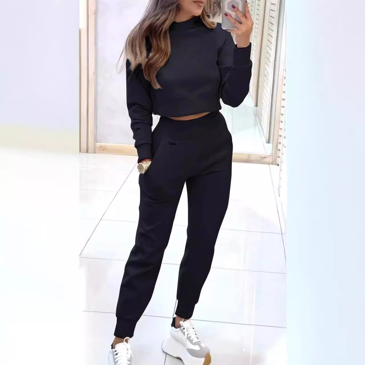 Stand Collar Sports Suit Fashion Pullover Long-sleeves Short Top And Slim Trousers With Pockets Solid Outfits Women's Clothing - DOGNORGAL