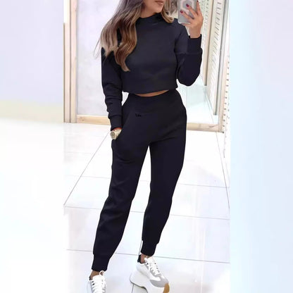 Stand Collar Sports Suit Fashion Pullover Long-sleeves Short Top And Slim Trousers With Pockets Solid Outfits Women's Clothing - DOGNORGAL