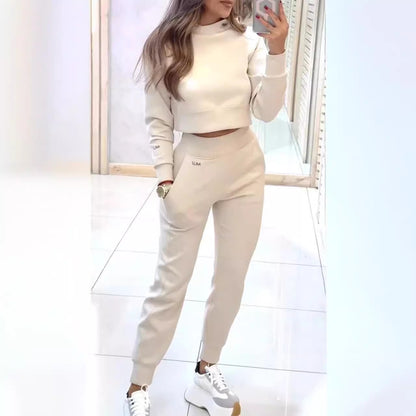 Stand Collar Sports Suit Fashion Pullover Long-sleeves Short Top And Slim Trousers With Pockets Solid Outfits Women's Clothing - DOGNORGAL