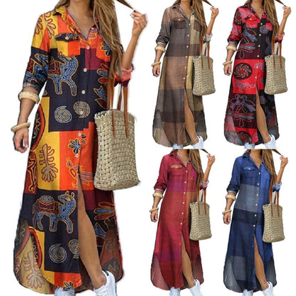 Fashion Women Long Sleeve Shirt Dress Single-breasted Printed Loose Maxi Shirt Dress for Party Long Dress Vestidos Summer Autumn