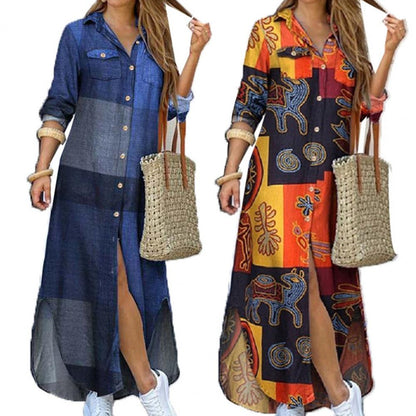 Fashion Women Long Sleeve Shirt Dress Single-breasted Printed Loose Maxi Shirt Dress for Party Long Dress Vestidos Summer Autumn