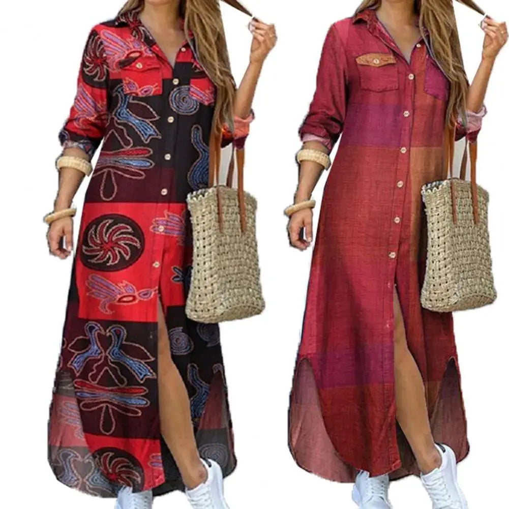 Fashion Women Long Sleeve Shirt Dress Single-breasted Printed Loose Maxi Shirt Dress for Party Long Dress Vestidos Summer Autumn