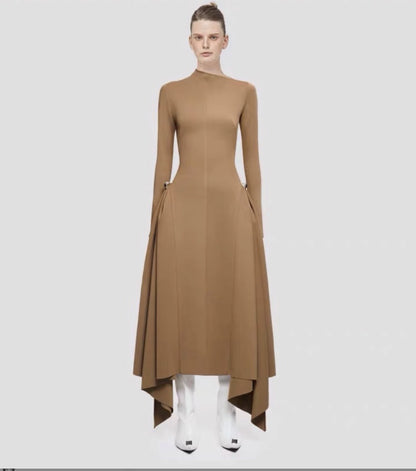 Diagonal Collar Asymmetric Simple Graceful Waist-controlled Long Sleeves Dress