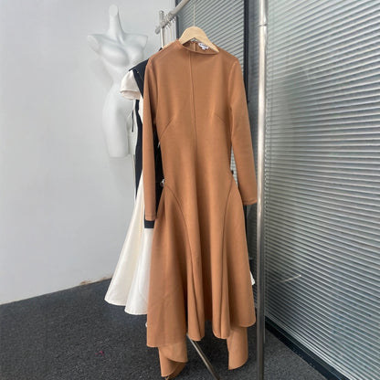 Diagonal Collar Asymmetric Simple Graceful Waist-controlled Long Sleeves Dress