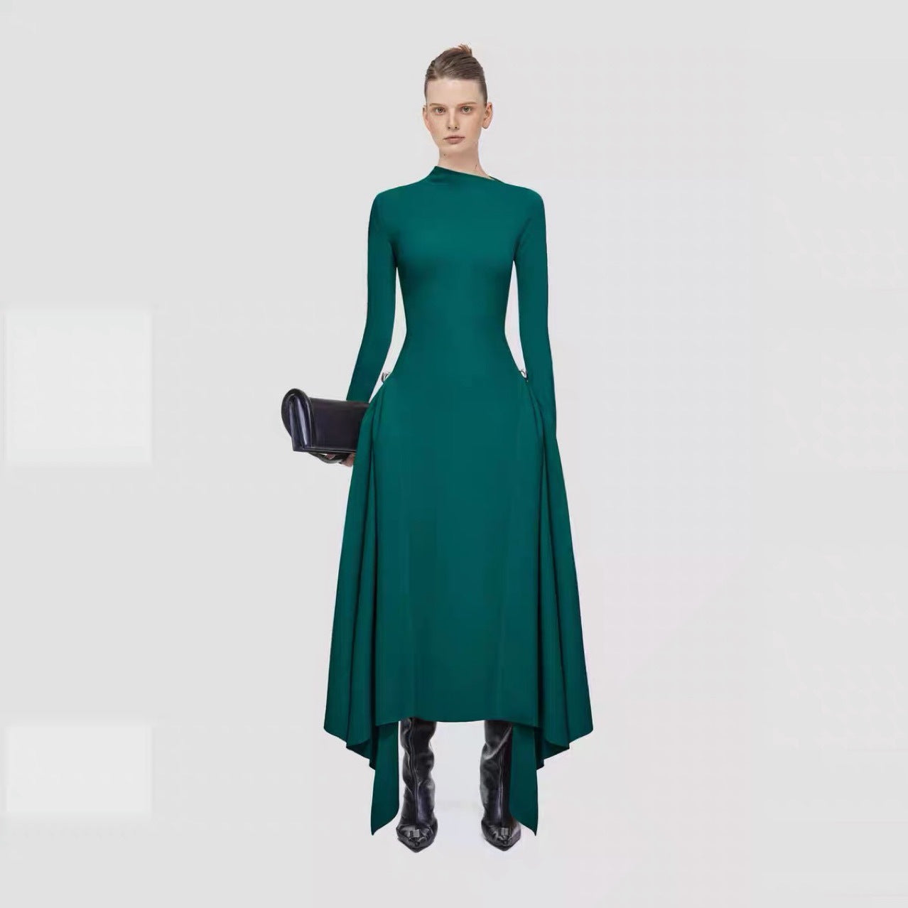 Diagonal Collar Asymmetric Simple Graceful Waist-controlled Long Sleeves Dress