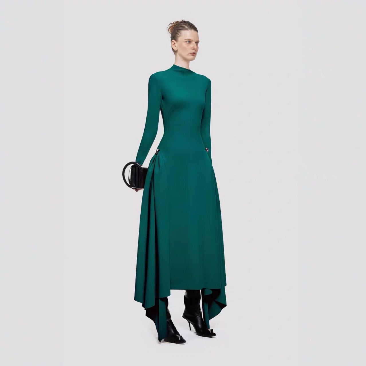 Diagonal Collar Asymmetric Simple Graceful Waist-controlled Long Sleeves Dress