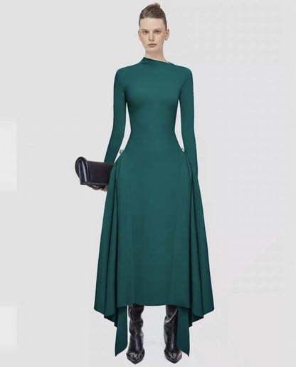 Diagonal Collar Asymmetric Simple Graceful Waist-controlled Long Sleeves Dress