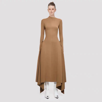 Diagonal Collar Asymmetric Simple Graceful Waist-controlled Long Sleeves Dress