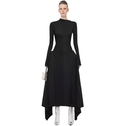 Diagonal Collar Asymmetric Simple Graceful Waist-controlled Long Sleeves Dress