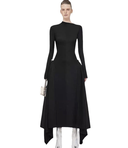 Diagonal Collar Asymmetric Simple Graceful Waist-controlled Long Sleeves Dress