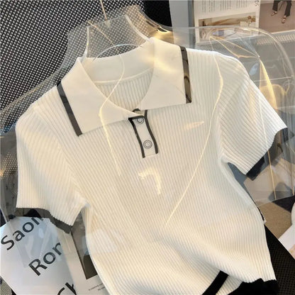 Polo Knitted T-shirt Women's Summer Korean Style Short Top High Waist Short Sleeve T-shirt