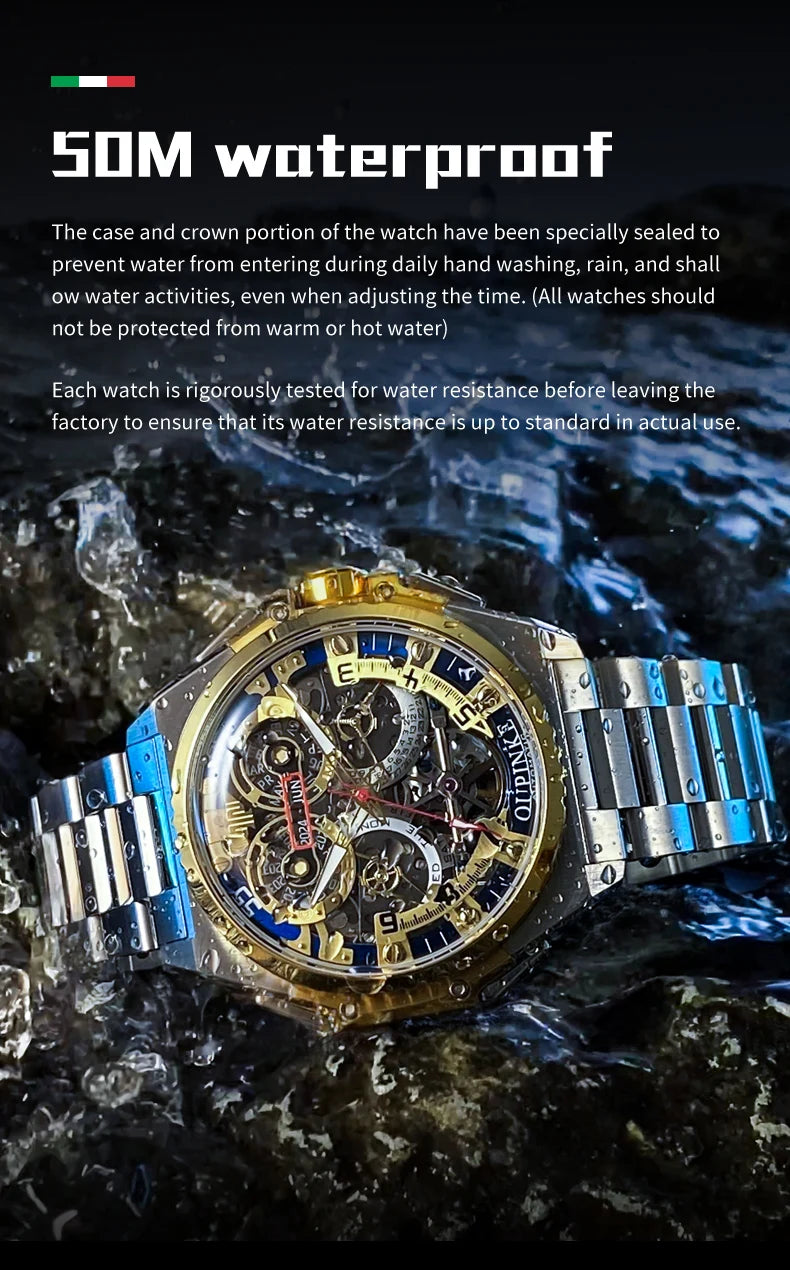 OUPINKE Mechanical Watches Mens Multifunction Tourbillon Design Skeleton Waterproof Sapphire Big Dial Steel Sapphire Luminous