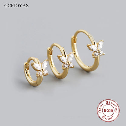 CCFJOYAS 6/8/10mm 925 Sterling Silver Butterfly-shaped Small Hoop Earrings for Women Fashion Zircon Round Circle Earring Jewelry