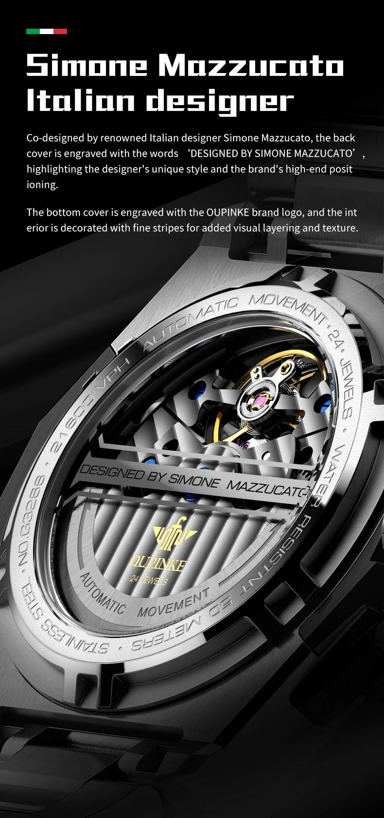 OUPINKE Mechanical Watches Mens Multifunction Tourbillon Design Skeleton Waterproof Sapphire Big Dial Steel Sapphire Luminous