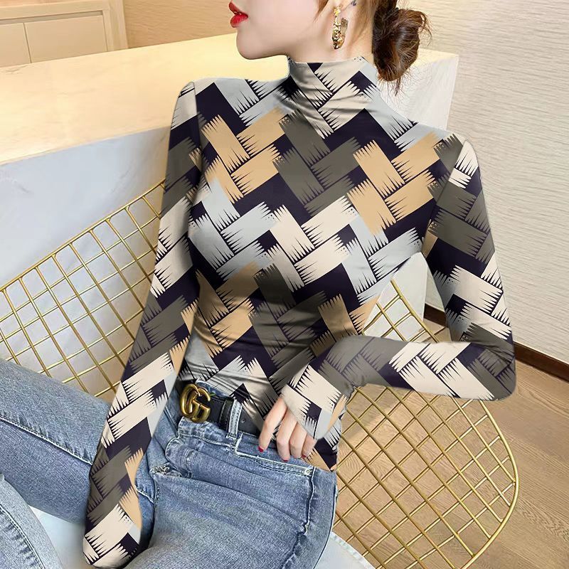 Women's Pullover Half High Neck Geometric Underlay Autumn and Winter New Vintage Printing Long Sleeve Striped T-shirt Slim Tops