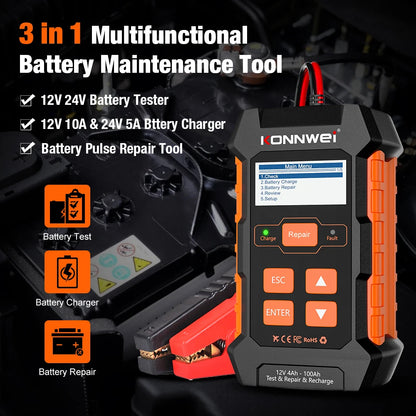 KONNWEI KW520 12V 10A 24V 5A Automatic Car Truck Battery Tester Charger Lead Acid Car Battery Pulse Repair Tool AGM Gel Lithium