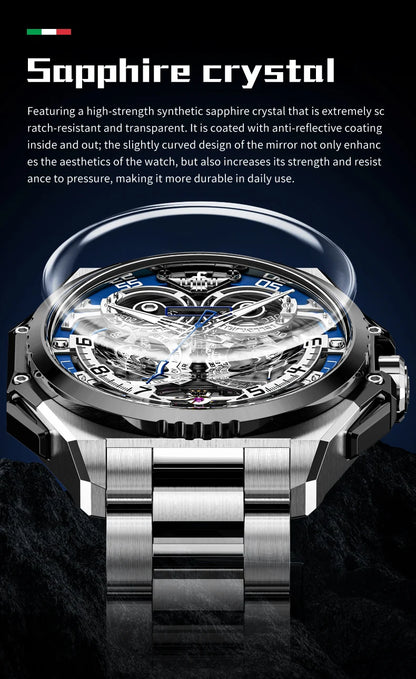 OUPINKE Mechanical Watches Mens Multifunction Tourbillon Design Skeleton Waterproof Sapphire Big Dial Steel Sapphire Luminous