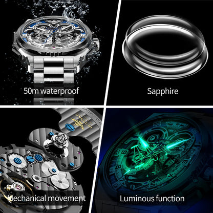 OUPINKE Mechanical Watches Mens Multifunction Tourbillon Design Skeleton Waterproof Sapphire Big Dial Steel Sapphire Luminous