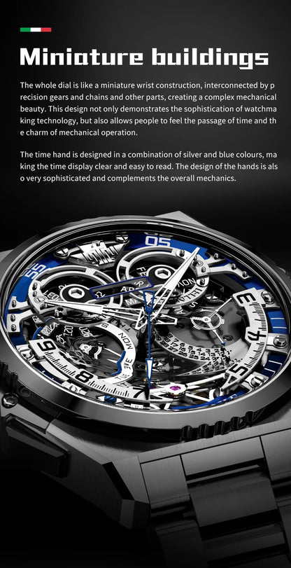 OUPINKE Mechanical Watches Mens Multifunction Tourbillon Design Skeleton Waterproof Sapphire Big Dial Steel Sapphire Luminous