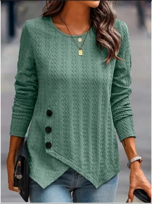 Women's Long Sleeve Round Neck Top Solid Color Button Jacquard T-Shirt Elegant Trend Autumn Top