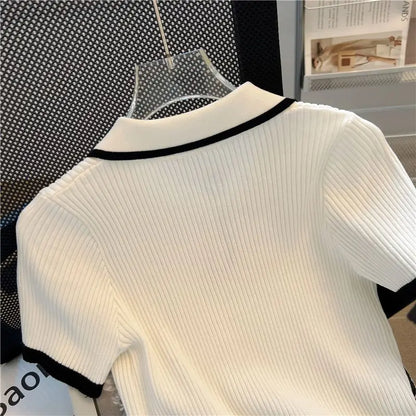 Polo Knitted T-shirt Women's Summer Korean Style Short Top High Waist Short Sleeve T-shirt