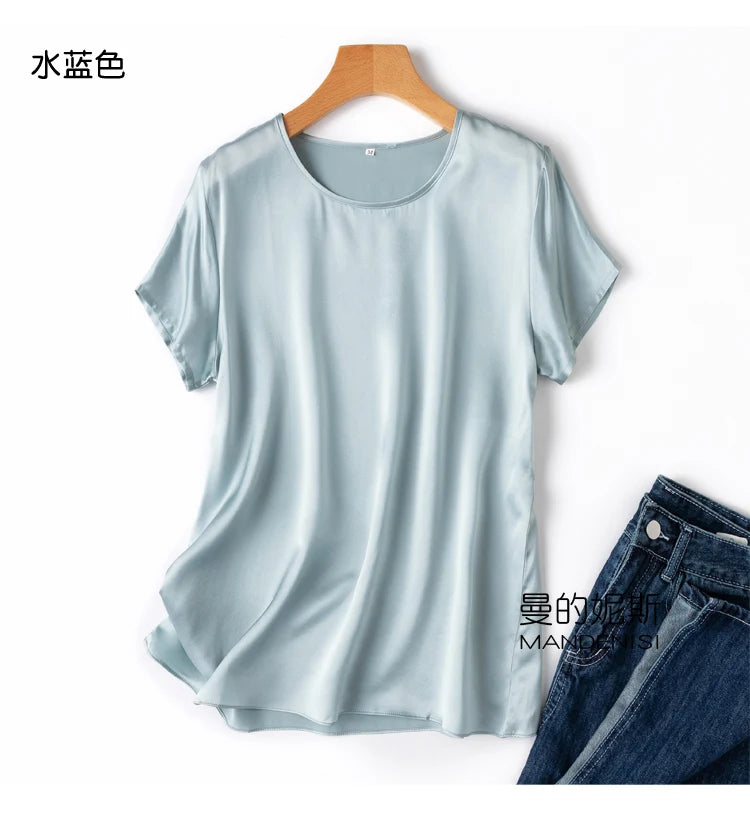 Tshirts For Women Silk Satin T-shirt Basic T-shirts Beautiful Women's Blouses Short Sleeve Summer Top One Piece Loose T Shirt