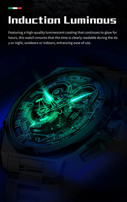 OUPINKE Mechanical Watches Mens Multifunction Tourbillon Design Skeleton Waterproof Sapphire Big Dial Steel Sapphire Luminous