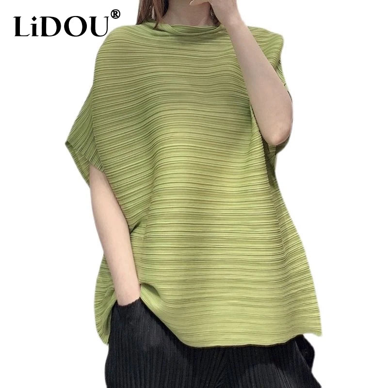 New Harajuku Summer Women's T-shirts Y2K Solid Color Pleated Batwing Sleeve Pullovers Tops Women Loose Casual Female Clothes Tee