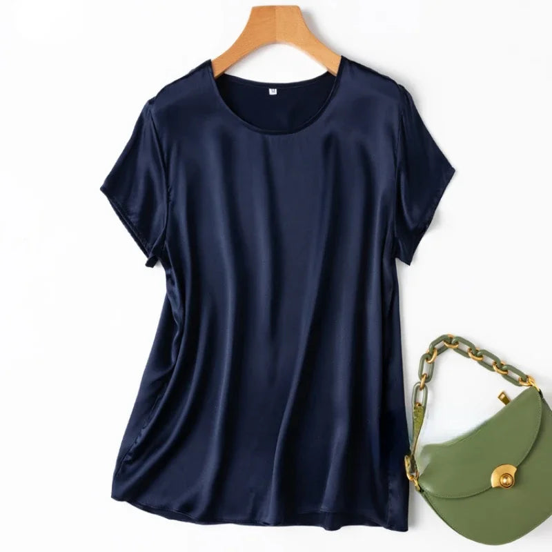 Tshirts For Women Silk Satin T-shirt Basic T-shirts Beautiful Women's Blouses Short Sleeve Summer Top One Piece Loose T Shirt