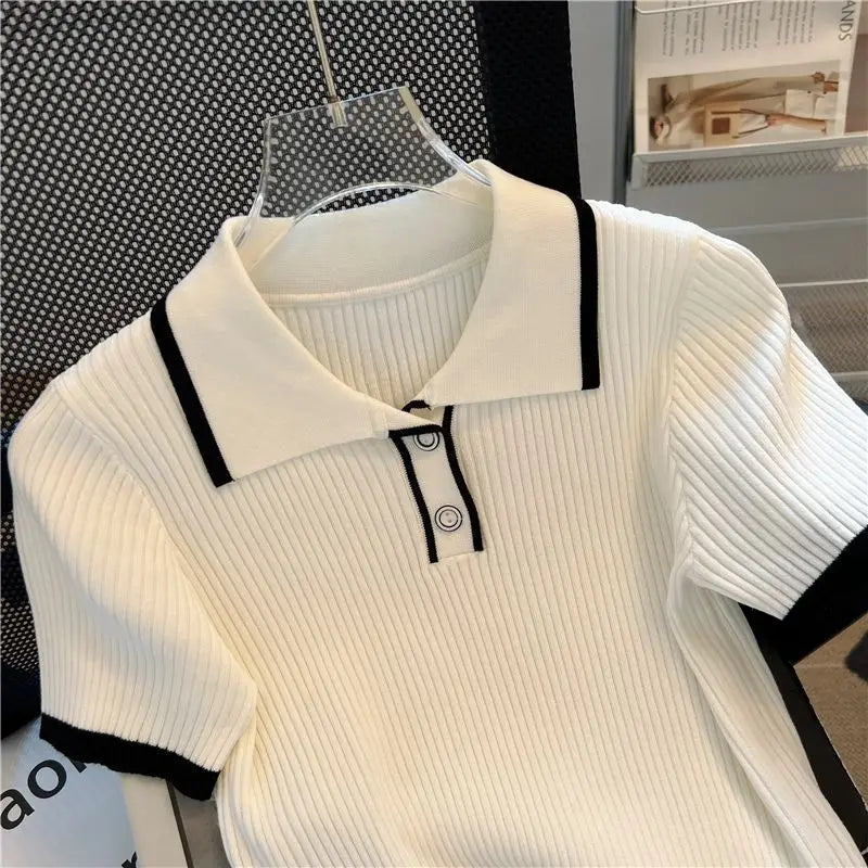 Polo Knitted T-shirt Women's Summer Korean Style Short Top High Waist Short Sleeve T-shirt