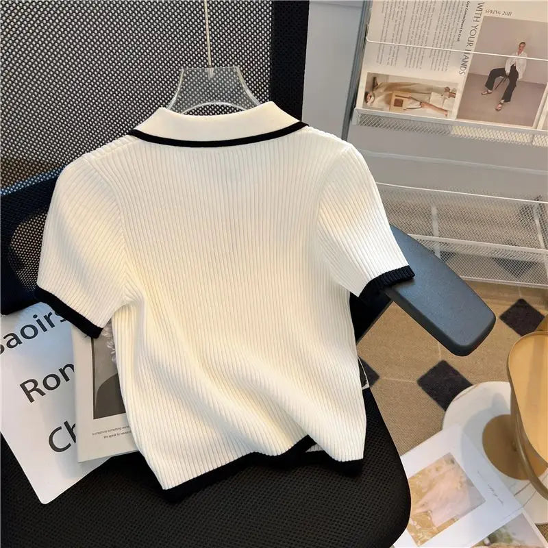 Polo Knitted T-shirt Women's Summer Korean Style Short Top High Waist Short Sleeve T-shirt