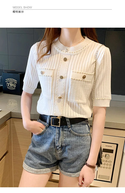 AOSSVIAO White Tshirt Women Summer 2024 Short Sleeve Top Ladies Pockets Basic T Shirts Knitted Casual Clothes Tee Shirt Femme